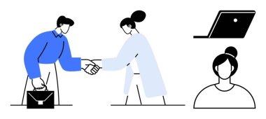 İki kişi el sıkışıyor, biri evrak çantası tutuyor, ortaklığı simgeliyor. Laptop iş ve iletişim öneriyor. Yüz profili bireysel kimliği gösteriyor. Takım çalışması için ideal, ağ oluşturma, uzak