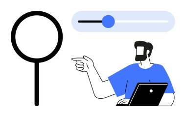 Dizüstü bilgisayarı olan adam büyük arama simgesini ve mavi düğmeli yatay kaydırıcıyı işaret ediyor. Arama süreçleri, karar verme, web sitesi navigasyonu, çevrimiçi etkileşimler, teknik destek, kullanıcı arayüzü için ideal