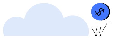 Büyük bulut, mavi dairede bir dolar işareti ve bir alışveriş arabası. E-ticaret, dijital pazar, bulut hesaplama, maliyet analizi, çevrimiçi hizmetler, mali işlemler, iş