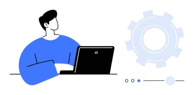 Arka planda büyük bir vites simgesi olan bir dizüstü bilgisayarda çalışan bir adam. Üretkenlik, verimlilik, teknoloji, iş, gelişme, mühendislik ve yenilik konuları için idealdir. Satır metaforu