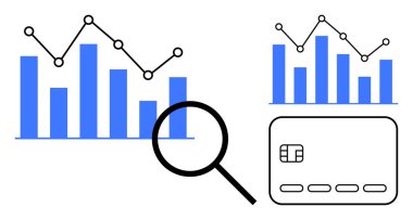 Veri noktaları ve çizgileri olan çubuk grafikler analiz için büyüteç ve kredi kartı. Mali denetim, veri analizi, piyasa araştırması, iş planlaması, ekonomik öğrenim ve kredi için ideal