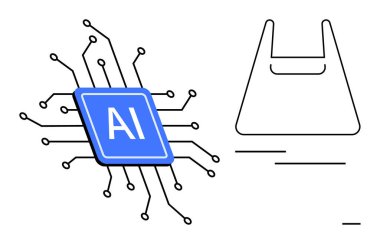 Minimalist bir alışveriş çantasına bağlı mavi yapay zeka çipi. Teknoloji, e-ticaret, yenilik, yapay zeka, dijital alışveriş, geleceğin teknolojisi, çevrimiçi perakende satış için ideal. Soyut