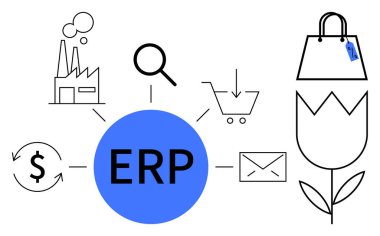 Mavi daire bağlama fabrikasında ERP, büyüteç, alışveriş arabası, e-posta, dolar sembolü, çiçek, alışveriş çantası. İş yönetimi ve sanayi süreçleri için ideal mali işlemler perakende
