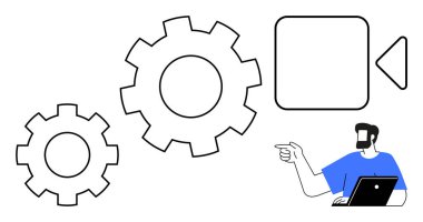 Büyük vitesleri ve video kayıt ikonunu gösteren bir dizüstü bilgisayarı olan bir iş adamı. Takım çalışması çözümleri, yenilik, teknoloji, iş akışı optimizasyonu, dijital dönüşüm için ideal