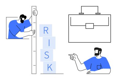 Risk bloklarını cetvelle ölçen bir karakter, başka bir karakter, evrak çantası simgesi. Risk yönetimi, iş kararları, mali stratejiler, planlama, analiz, danışmanlık için ideal