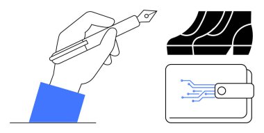 Kalem tutan bir el, yığınla para çubuğu, devre desenli dijital cüzdan. İş planlaması, finans, teknoloji, güvenlik, yatırımlar için ideal dijital işlem büyümesi. Soyut çizgi