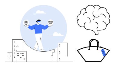 Ampulü dengeleyen kişi ve el sıkışma sembolleri bina çatıları, beyin, etiketli el çantası. İş stratejisi, yaratıcı düşünce, takım çalışması, yenilik, akıl sağlığı, alışveriş kenti için ideal