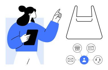 Tablet tutan ve çizilmiş alışveriş çantasına işaret eden bir kadın. Dükkan, e-posta, kart ödemesi ve müşteri hizmetleri için simgeler içerir. E-ticaret, perakende, müşteri etkileşimi ve dijital için ideal