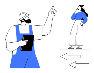 Sert şapkalı ve tulumlu bir adam tablet tutuyor, yukarı bakıyor. Eli çenesinde düşünen bir kadın. Zıt yönlere bakan iki ok. Karar verme, kariyer rehberliği, inşaat için ideal.