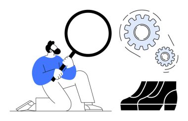 Büyüteçle diz çöküp birbirine kenetlenmiş vites ve merdivenleri araştıran bir adam. Sorun çözme, analiz, optimizasyon, çalışma süreci, verimlilik, ilerleme ve mühendislik konuları için ideal