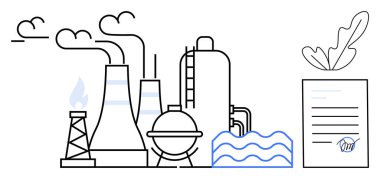 Duman yayan fabrika, su dalgaları, petrol kulesi ve yaprakla imzalanmış belge. Kirlilik, endüstri, çevre, sürdürülebilirlik düzenlemeleri enerji ve anlaşmalar için idealdir. Sanayi kombinasyonu