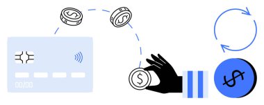 Bozuk para tutan bir ele doğru ilerleyen bir kredi kartı, sürekli bir döngü oluşturan bir döviz simgesi. Finans, bankacılık, e-ticaret, işlemler, ekonomi, fintech ve dijital için ideal