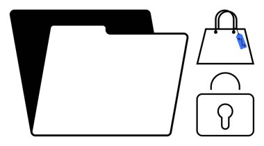 Dosya klasörü, bir alışveriş çantası ve veri organizasyonu, güvenlik, e-ticaret ve mahremiyet kavramlarının yanında asma kilit vurgusu. İş, perakende, siber güvenlik ve belge yönetimi için ideal