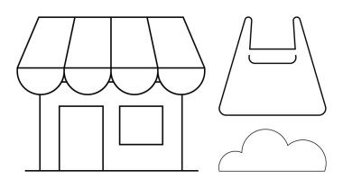 Market vitrininde, alışveriş çantasına yakın ve minimalist bir sanat tarzında bulutlar var. Ecommerce, perakende, alışveriş, hava durumu, açık hava pazarı, küçük işletmeler ve çevre temaları için ideal