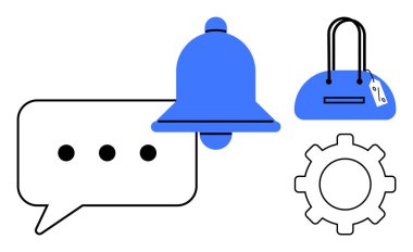 Elipsli konuşma balonu, mavi uyarı zili, üzerinde fiyat etiketi olan el çantası ve vites simgesi. İletişim uygulamaları, bildirimler, e-ticaret, ayarlar, kullanıcı arayüzü çevrimiçi alışveriş için ideal