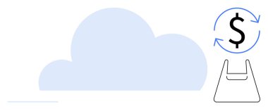 Alışveriş torbası ve oklarla çevrili dolar sembolü olan büyük bir bulut. E-ticaret, bulut hesaplama, maliyet yönetimi, çevrimiçi alışveriş, dijital işlemler, iş optimizasyonu, sanal