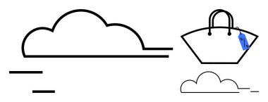 Bulut çizgilerinin yanında mavi etiketli el çantası, basit çizgiler ve geometrik şekiller içeriyor. Moda için ideal, çevrimiçi alışveriş, hava durumu temaları, mevsimsel promosyonlar, zarafet, minimalizm