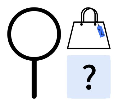Arama için büyüteç, alışveriş torbası, satın almak için fiyat etiketi ve mavi bir karede soru işareti. E-ticaret, alışveriş, analiz, karar verme, keşif, çevrimiçi perakende için ideal