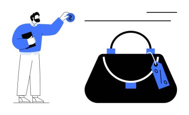 Adam el çantasının yanında indirimli etiketli kitap ve para tutuyor. Ticaret, alışveriş, indirim, kişisel finans, tüketici davranışı, satış promosyonları, perakende ekonomisi için ideal. Soyut çizgi düz metafor