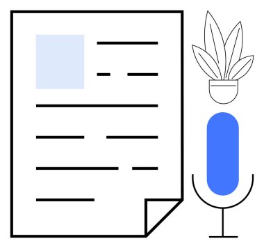 Metin satırlı belgeler, mavi merkezli mikrofon ve saksı bitkisi. İçerik oluşturma, podcast, yayın, medya, planlama yazma ve dijital iletişim için ideal. Soyut satır düzlüğü