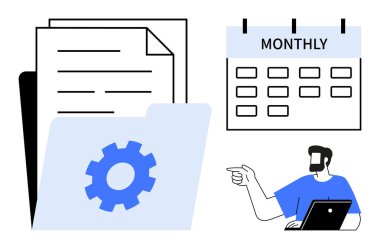 Dizüstü bilgisayarı işaret eden kişi, dişli simgesi olan dosya dizini sistem ayarlarını, aylık takvimi ve belge yığınını sembolize eder. Proje planlaması, zaman yönetimi, belge organizasyonu, verimlilik için ideal