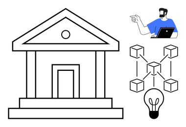 Finans kurumu binası, dizüstü bilgisayarı olan, ağa bağlı küpleri olan, yenilik tasvir eden ampulü olan biri. Fintech, bankacılık, engelleme zinciri, teknolojik çözümler, dijital dönüşüm için ideal