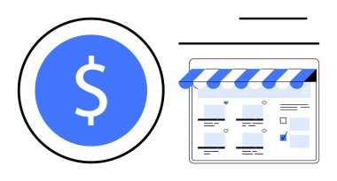 Çevrimiçi mağaza arayüzünün yanındaki dairede mavi dolar işareti. E-ticaret, dijital satış, çevrimiçi pazarlama, mali işlemler, alışveriş siteleri, iş büyümesi ve web tasarımı için ideal