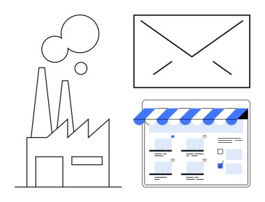 Dumanlı sanayi fabrikası, iletişimi sembolize eden bir zarf ve çevrimiçi bir mağaza arayüzü. İş, endüstri, iletişim, çevrimiçi alışveriş, ecommerce, dijital pazarlama için ideal