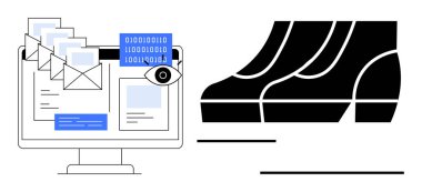 E- posta simgeleri, güvenlik gözü ve minimalist ayakkabı izlerinin yanında ikili kod olan bilgisayar ekranı. Veri koruması, siber güvenlik, çevrimiçi mahremiyet, kimlik hırsızlığı, güvenli iletişim için ideal
