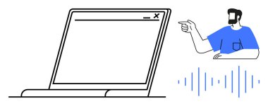 Adam geniş, açık dizüstü bilgisayarı işaret ediyor, ses dalgaları konuşmayı gösteriyor. Dijital iletişim, teknik destek, çevrimiçi konferans, sanal toplantılar, müşteri hizmetleri, teknik dersler için ideal