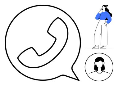 İletişim kuran iki kadın figürle çevrili büyük bir telefon arama ikonu. Sosyal etkileşim, bağlantı, dijital iletişim, destek hizmetleri, müşteri hizmetleri, ağ kurmak için ideal