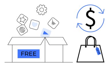 Yüzen uygulama simgeleriyle FREE etiketli kutuyu aç etiketli alışveriş torbası, tazeleme ok çemberinde dolar işareti. E-ticaret için ideal, dijital teklifler, pazarlama, özel anlaşmalar, kullanıcı katılımı, çevrimiçi