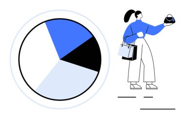 Alışveriş torbası tutan bir kadın, pasta grafiğine bakıyor. İş analizleri, piyasa araştırmaları, tüketici davranışı, perakende analizi, veri görselleştirmesi, harcama alışkanlıkları, demografik çalışmalar için ideal