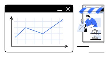 Graph with rising trend line next to mobile device screen showing online shopping scene. Ideal for business growth, market analysis, digital marketing, e-commerce trends, statistics, sales strategy clipart