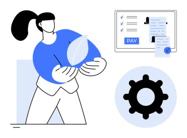 Büyük yaprak tutan kadın, ödeme düğmeli kontrol listesi, vites simgesi. Sürdürülebilirlik, çevrimiçi ödemeler, finans, teknoloji, çevre sorumluluğu, yenilik süreci optimizasyonu için ideal