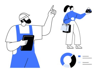İnşaat işçisi elinde tablet, elinde çanta ve şapka taşıyan bir kadın. Endüstri, perakende, veri analizi, takım çalışması, tüketici davranışı, üretkenlik planlaması için ideal. Soyut çizgi