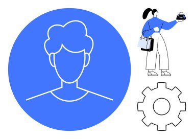 Mavi daireli Avatar çizgisi, at kuyruklu saat ve alışveriş torbası tutan kadın, vites simgesi. E-ticaret, zaman yönetimi, kullanıcı profili, çevrimiçi alışveriş, üretkenlik, teknoloji için ideal