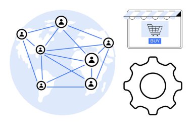 Dünya haritasındaki insanlardan oluşan bir ağ çizgilerle bağlanmış, çevrimiçi mağaza vitrininde alışveriş arabası, mekanik teçhizat. Küresel bağlantılar, e-ticaret, çevrimiçi alışveriş, takım işbirliği, teknoloji için ideal