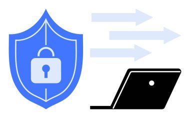 Kilit sembollü kalkan siber güvenliği temsil ediyor. Oklu dizüstü bilgisayar veri transferini belirtir. Siber koruma, veri güvenliği, bilgi gizliliği, ağ güvenliği, dijital güvenlik, güvenlik için ideal