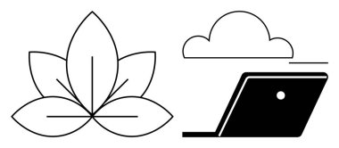 Solda çizgiler ve sağda bulut olan açılı dizüstü bilgisayar doğa ve teknoloji dengesini temsil ediyor. Çevre teknolojisi dengesi, dijital zihniyet, yeşil teknoloji, farkındalık, verimlilik için ideal