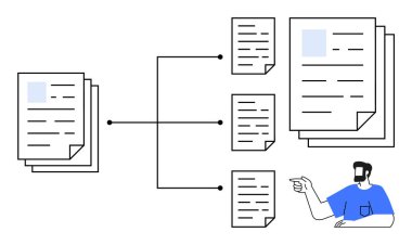 Mavi gömlekli kişi birbiriyle bağlantılı belgelerle etkileşime geçiyor. Proje yönetimi, iş akışı, veri örgütü, süreç haritalama, takım işbirliği, iş operasyonları, stratejik planlama için ideal