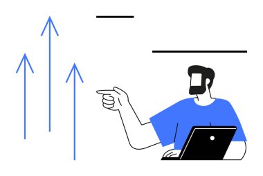 Dizüstü bilgisayarı olan bir adam gelişmeyi ve ilerlemeyi temsil eden yukarı doğru üç ok gösteriyor. Ticari başarı, büyüme kavramı, mali planlama, veri analizi, performans takibi, hedef