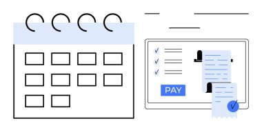 Tarihli takvim, ödeme makbuzunu, listedeki öğeleri ve Ödeme düğmesini gösteren dijital ekranın yanında. Zamanlama, finansman, organizasyon, bütçe, tarihleri hatırlatmak için ideal