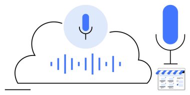 Ses dalgalarıyla bulutların üzerinde mikrofon, dükkan önü simgesi. Ses tanıma, yapay zeka entegrasyonu, e-ticaret, bulut hizmetleri, otomasyon, dijital dönüşüm modern perakende. Soyut satır düzlüğü
