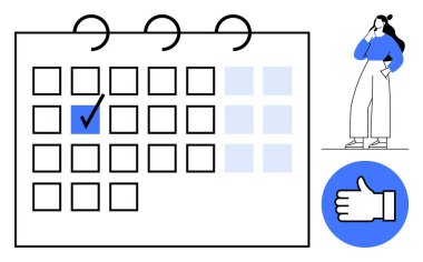 Mavi bluz giyen kadın, takvimin önünde tarih ve onay simgesiyle düşünür. Zaman yönetimi, karar verme, etkinlik planlaması, hatırlatıcılar, zamanlama, üretkenlik, pozitif