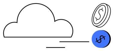 Bulut çizgisi, yüzen para, dolar işareti, hareket çizgileri. Veri depolama maliyetleri, bütçe, tasarruf, mali planlama, ekonomik verimlilik yatırım stratejisi, bulut hesaplama ekonomisi için ideal