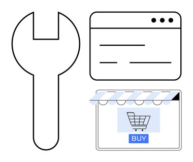 Alışveriş arabası ve satın alma düğmesi olan web ve çevrimiçi mağaza simgelerinin yanına geç. E-ticaret, web sitesi geliştirme, çevrimiçi alışveriş, dijital pazarlama, web bakımı, iş çözümleri için ideal
