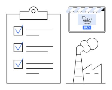 Mağaza vitrininde alışveriş arabası, işaretli kontrol listesi, ve dumanlı fabrika. Ecommerce, envanter yönetimi, çevrimiçi alışveriş, üretim planlaması, perakende işlemleri için ideal
