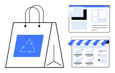 Geri dönüşüm sembollü alışveriş çantası, web sitesi arayüzü ve e-ticaret mağazası düzeni. Sürdürülebilirlik, çevre dostu perakende, çevrimiçi alışveriş, dijital pazarlama, eko-ticaret, UXUI tasarımı yeşil