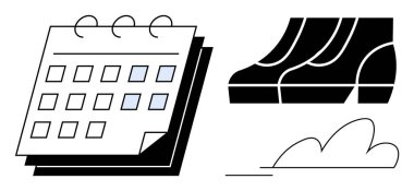Vurgulanmış günleri, ayak izlerini ve bulutları olan bir takvim. Planlama, programlama, zaman yönetimi, seyahat, seyahat çevresel farkındalık sürdürülebilir yaşam için idealdir. Soyut çizgi düz metafor